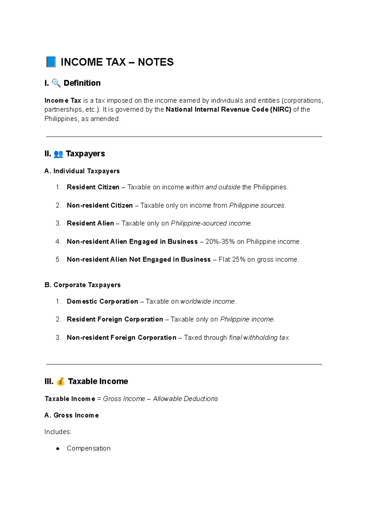 INCOME TAX NOTES: Overview of Taxpayers and Deductions - Studocu