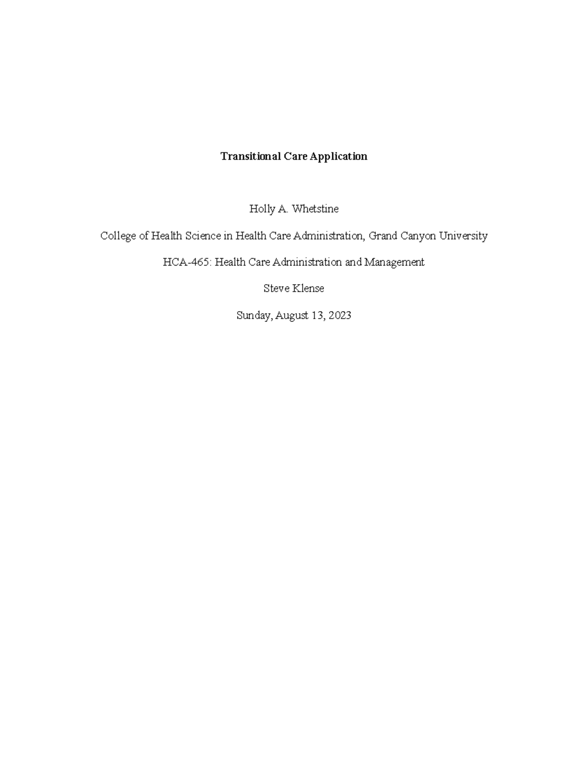 HCA-465: Transitional Care Conflict Resolution Strategies Essay - Studocu