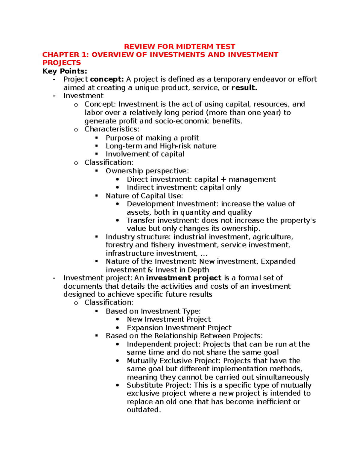 REVIEW FOR MIDTERM TEST: CHAPTER 1 & 2A ON INVESTMENTS - Studocu