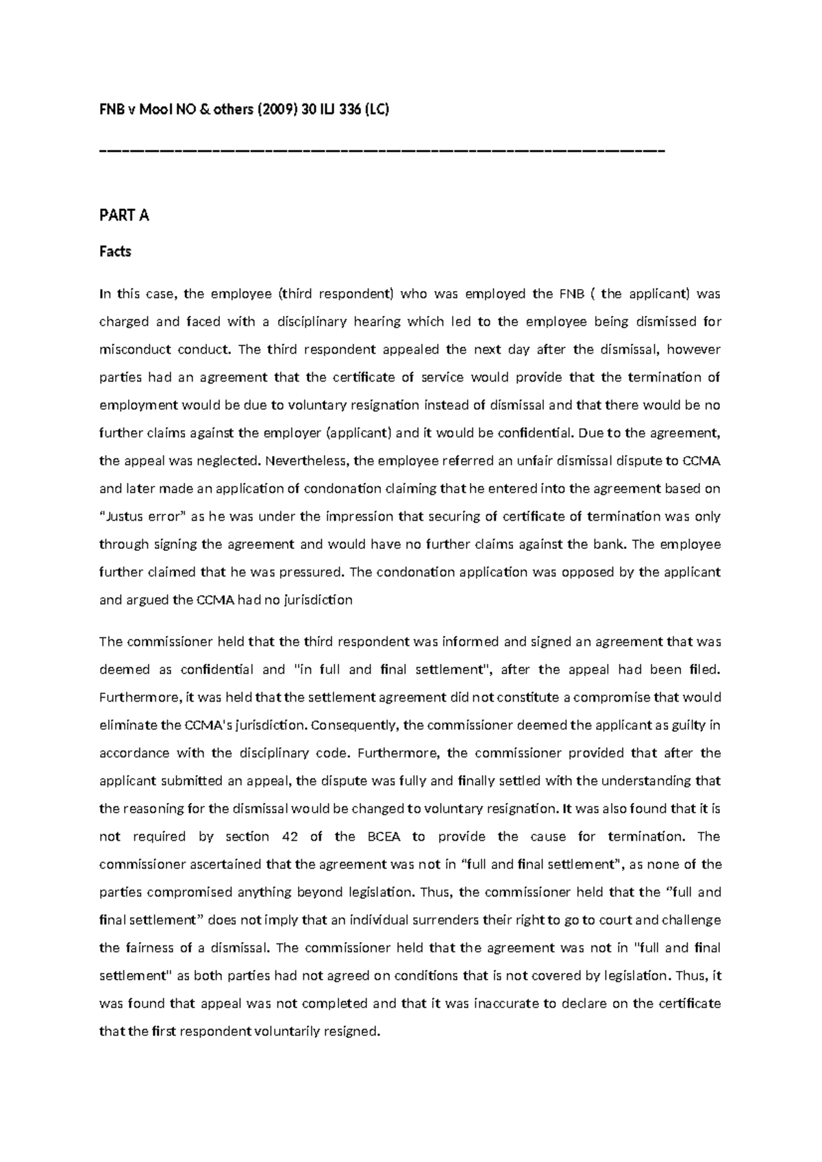 FNB v Mooi - Summary of Unfair Dismissal Appeal Ruling (Commercial Law ...