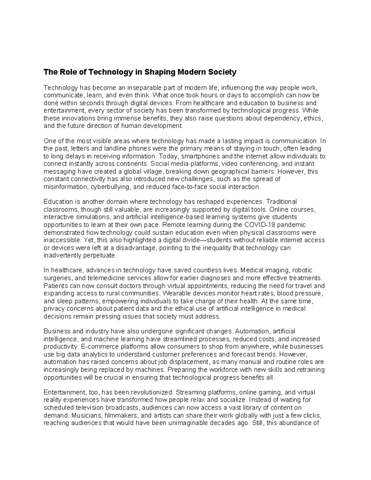 Essay 4 - The Impact of Technology on Modern Society - Studocu