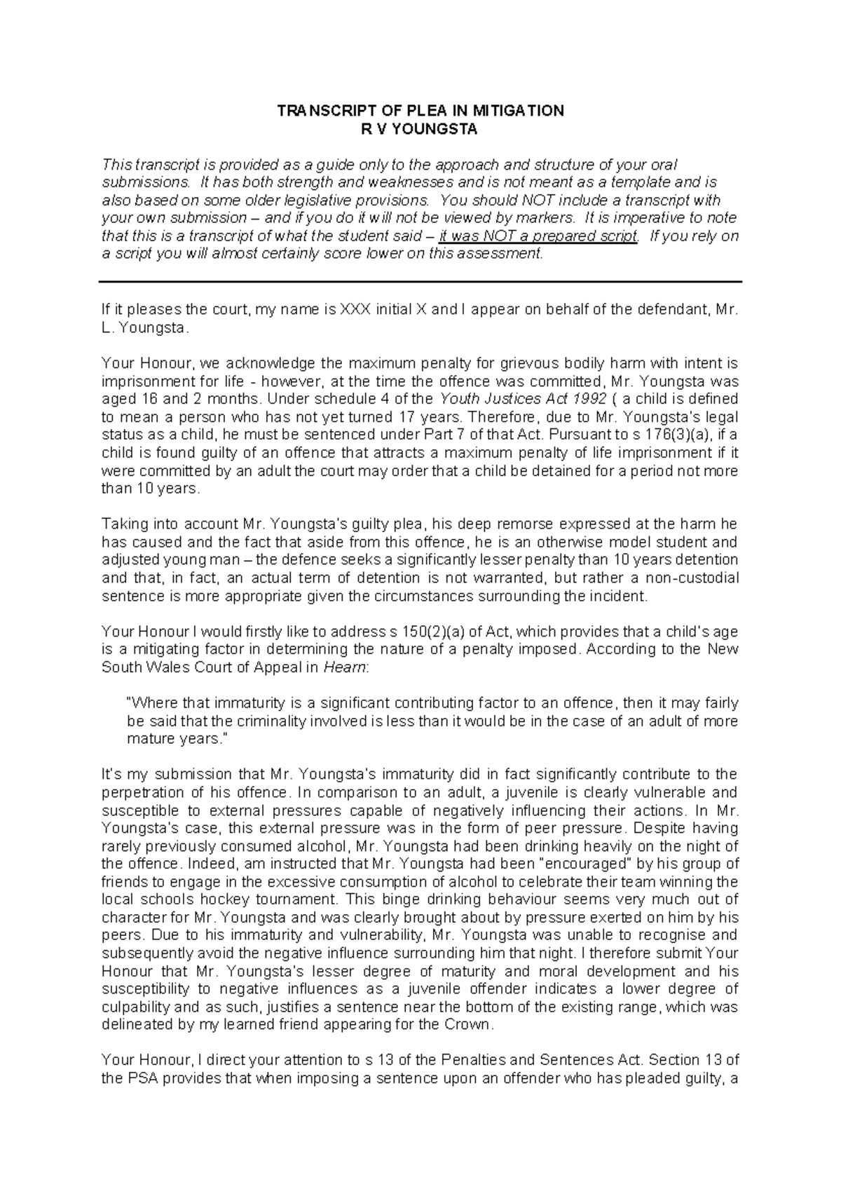 Exemplar - Transcript of Plea in Mitigation R v Youngsta - Studocu