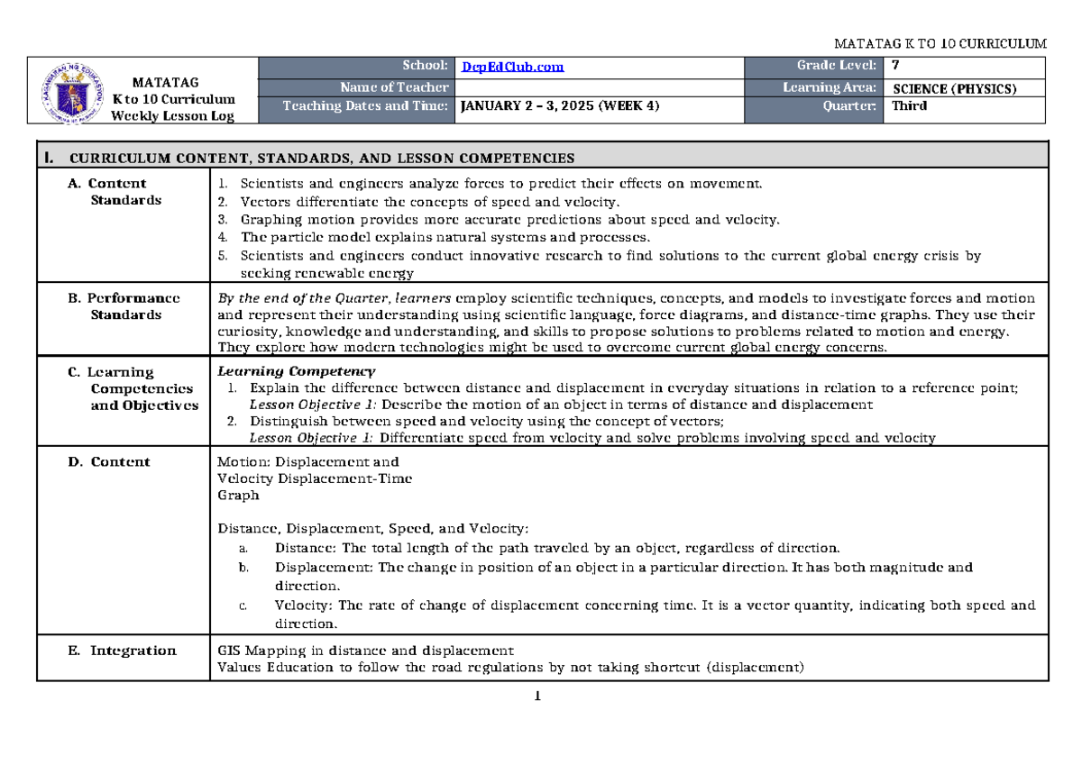 DLL Matatag Science 7 Q3 W4 - MATATAG K to 10 Curriculum Weekly Lesson ...