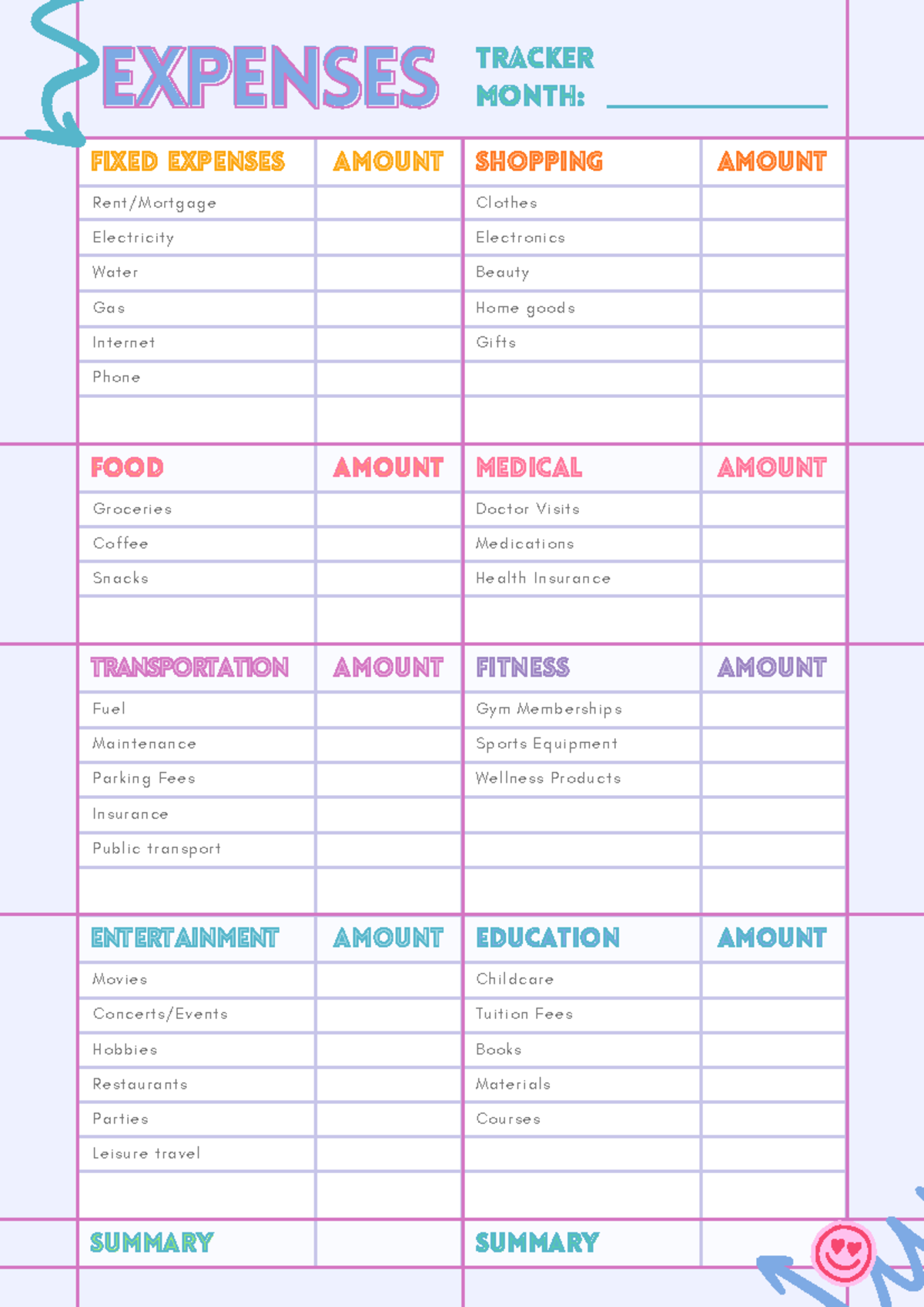 Pastel Colorful Cute Spending Expenses Tracker Finance Planner ...