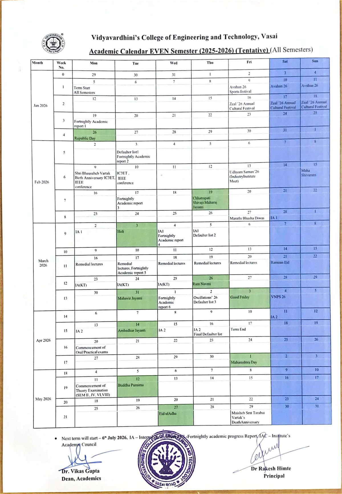 Academic Calendar for Even Semester 2025-26 at VIDYAVARDHINI College ...