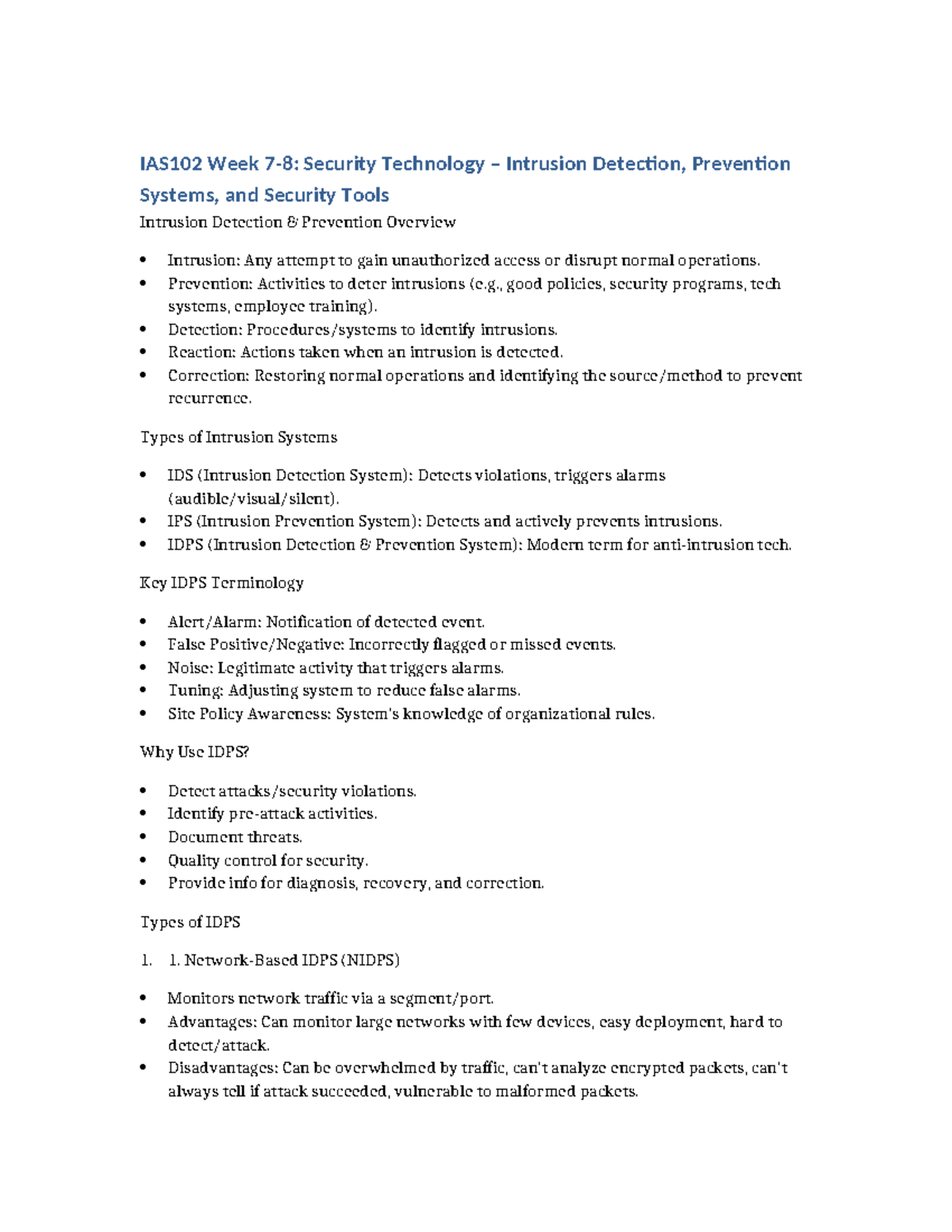 IAS102 Week 7-8 Notes on Security Tech: IDPS Overview and Strategies ...
