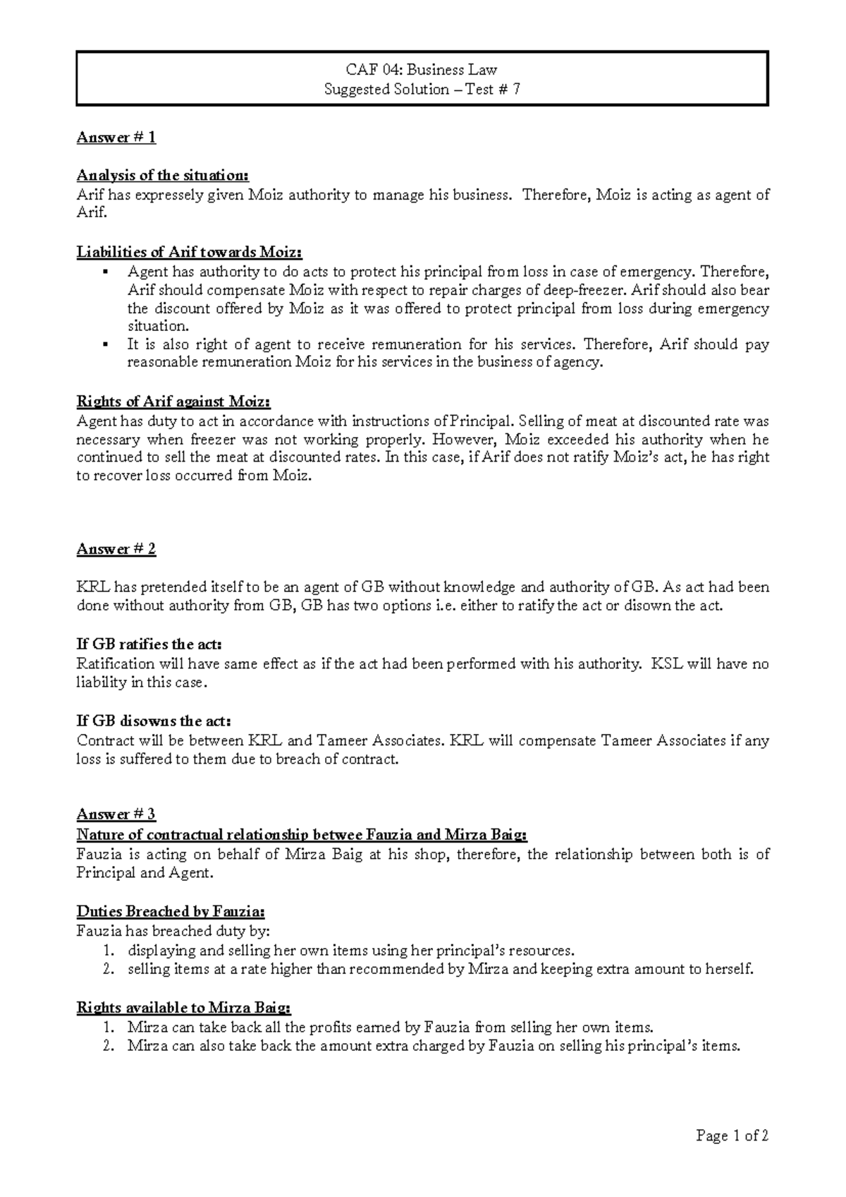 CAF 04: Business Law Test 7 Suggested Solutions & Analysis - Studocu