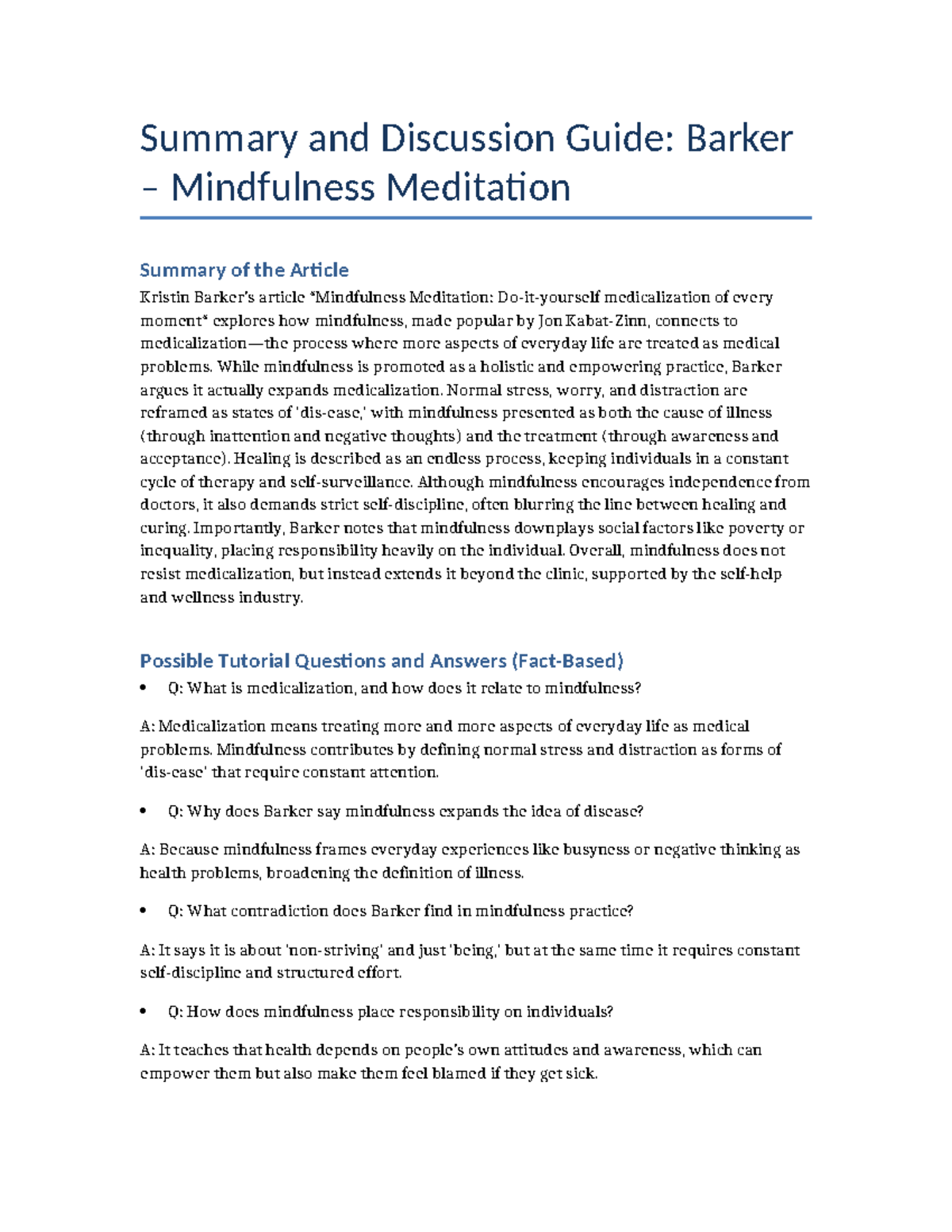 Barker Mindfulness Meditation: Summary & Discussion Guide - Studocu
