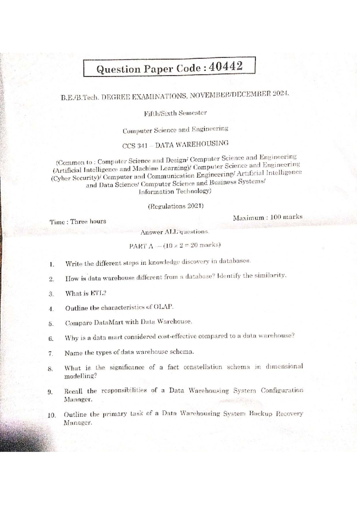 CCS 341 Data Warehousing - Degree Exam Question Paper 40442, 2024 - Studocu