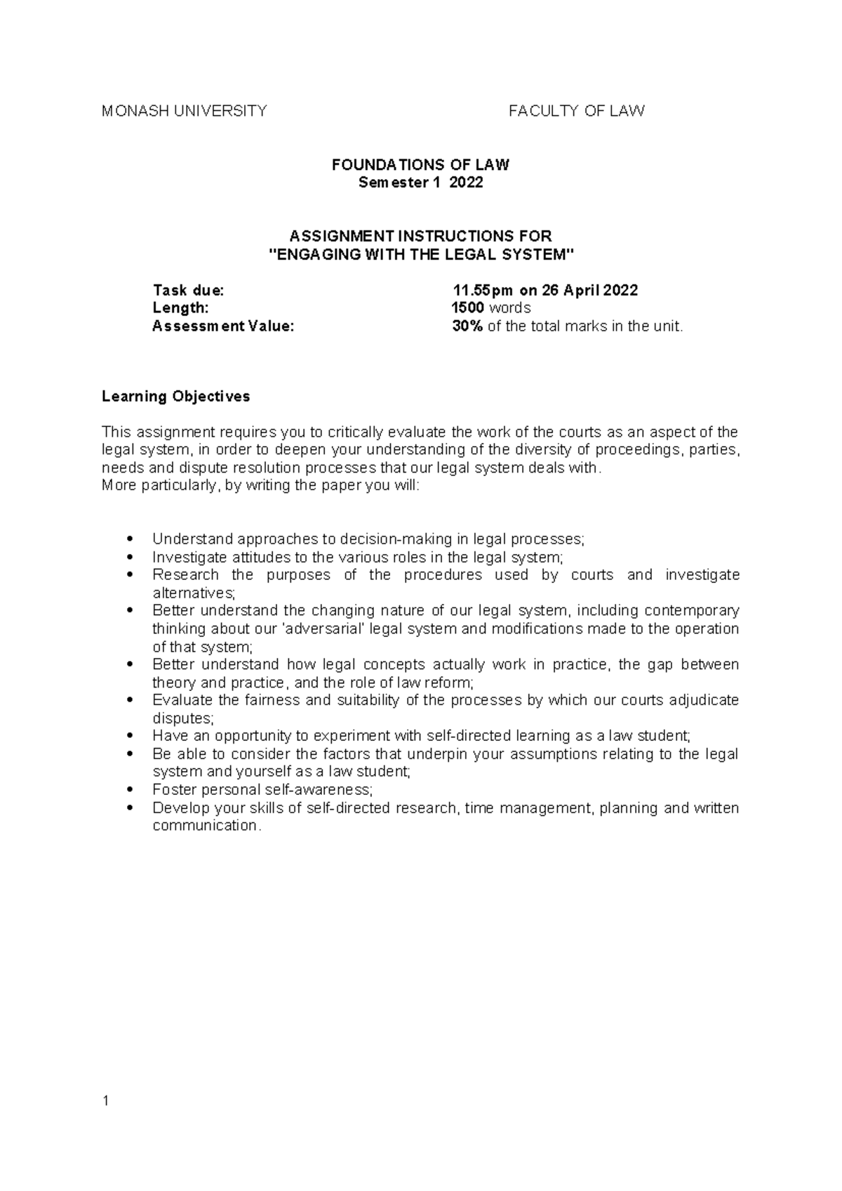 Foundations of Law (LAW1010) Semester 1 2022 Assignment Guidelines ...