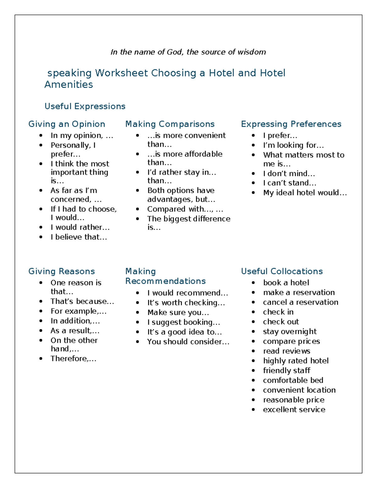 Speaking Worksheet – Choosing a Hotel & Amenities - Studocu
