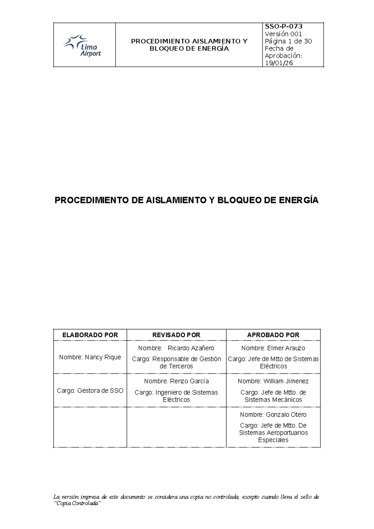 SSO-P-073 Procedimiento de Aislamiento y Bloqueo de Energía - Document Preview