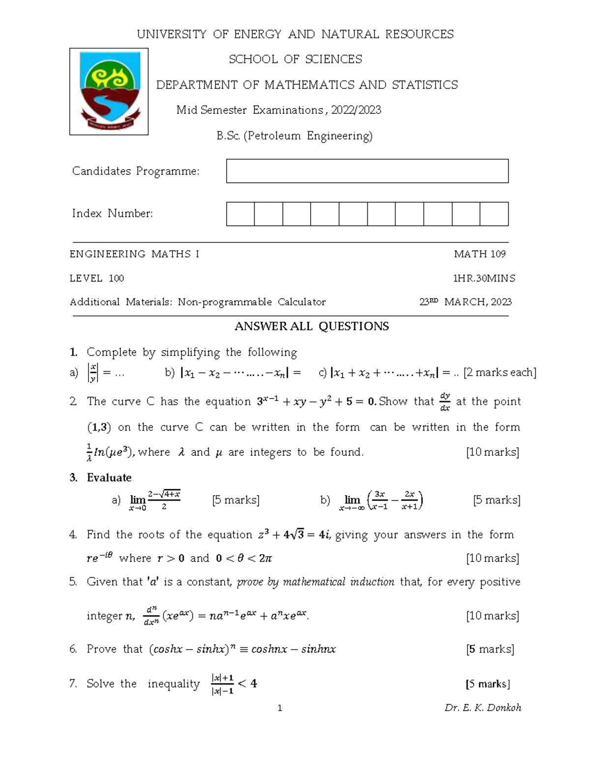 MATH 109 Mid Semester Exam Past Questions - B.Sc. Petroleum Eng. - Studocu