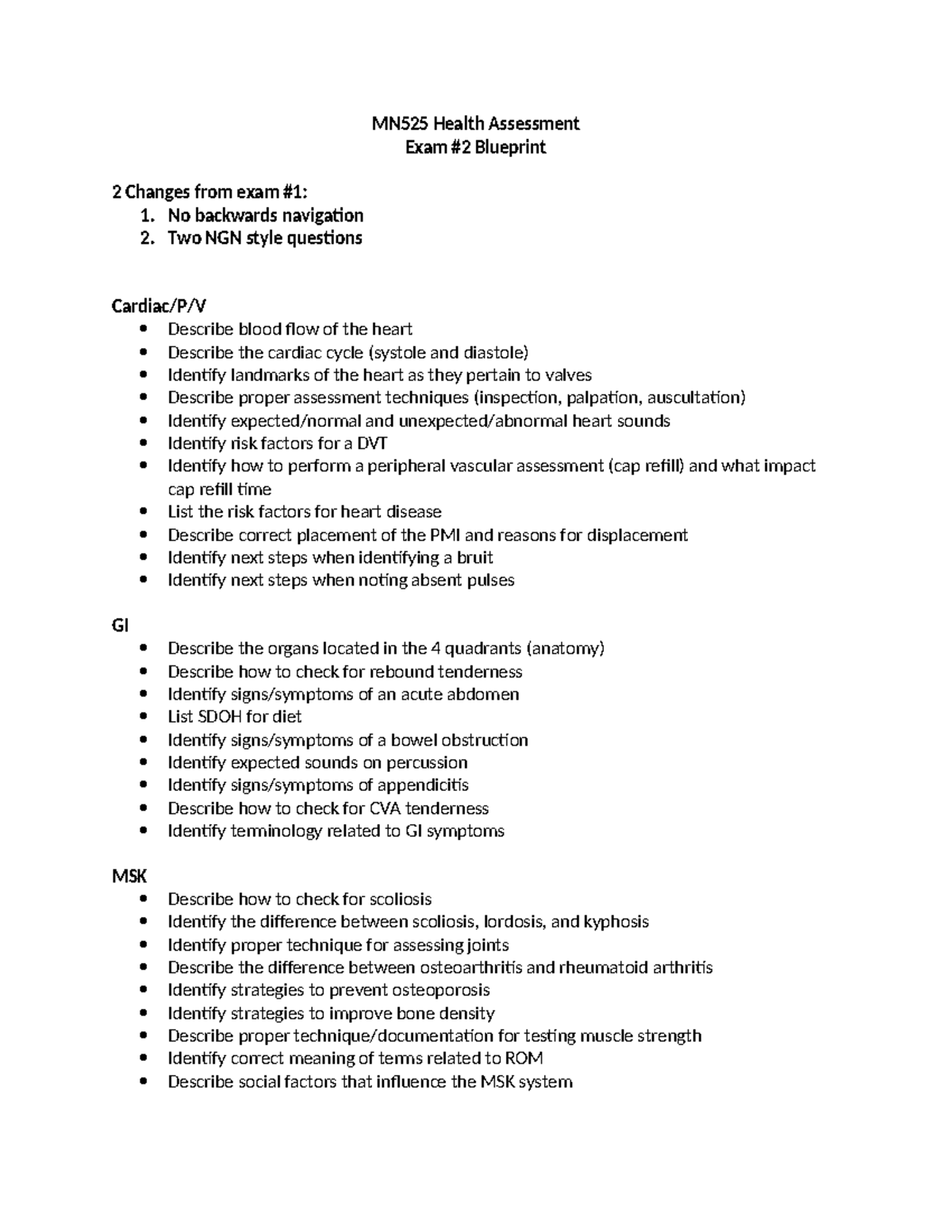 MN 512 Health Assessment Exam 2 Blueprint: Key Changes & Topics - Studocu