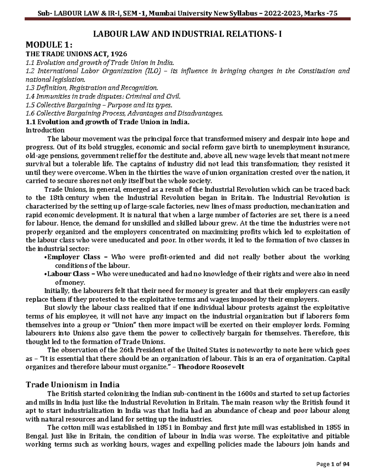 Labour Law and Industrial Relations - SEM 1 Comprehensive Notes - Studocu