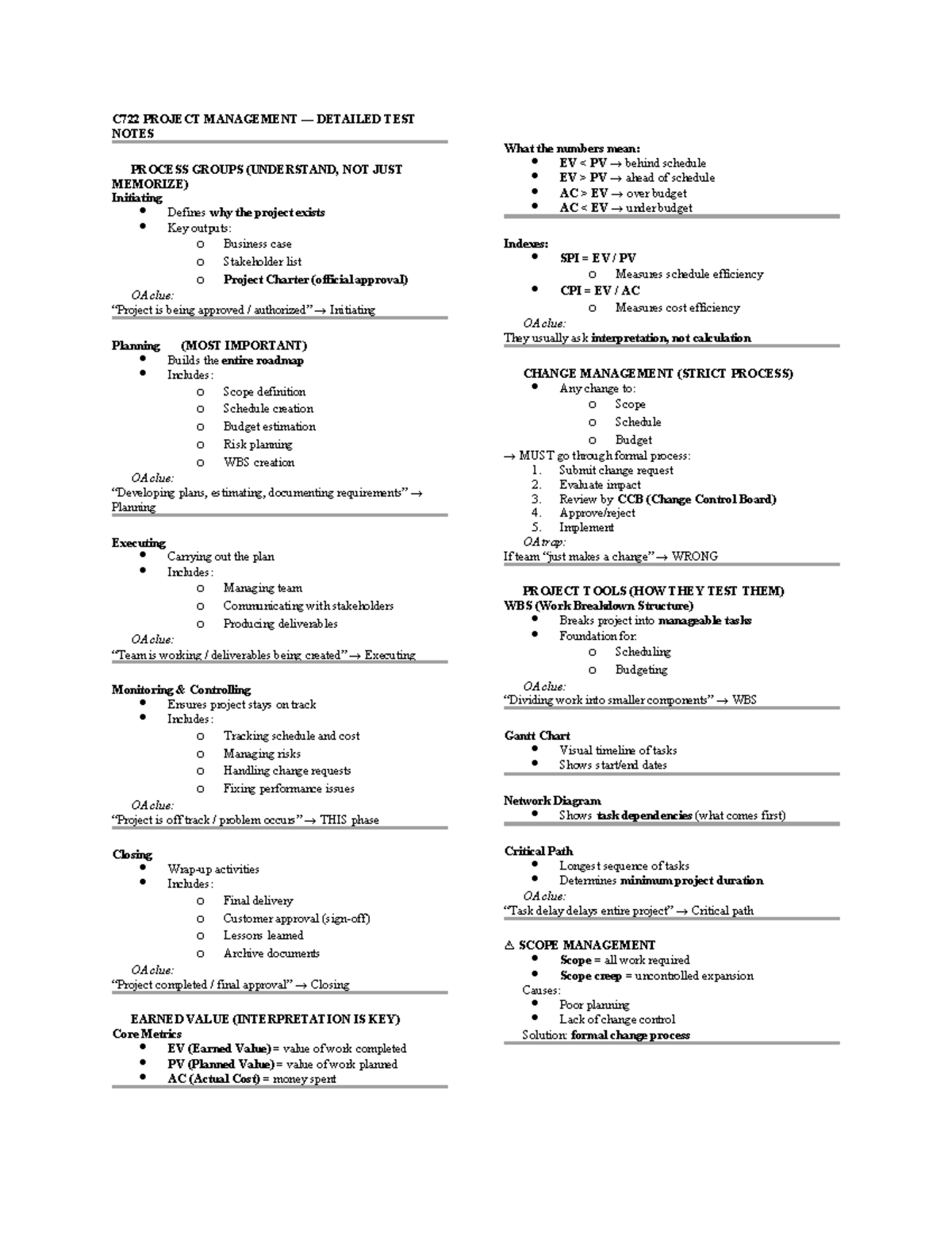 C722 Project Management Final Exam Notes on Process Groups - Studocu
