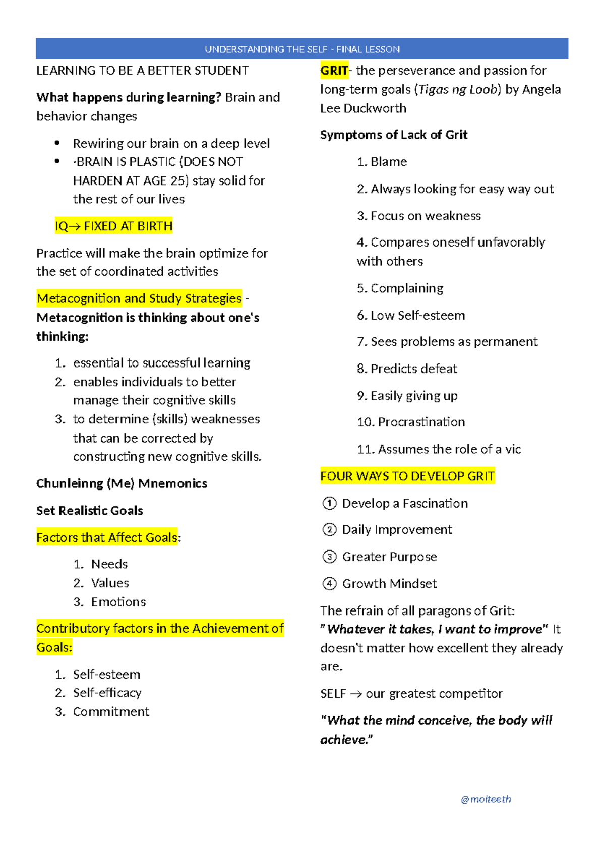 UTS Final - Understanding the Self: Developing Grit and Managing Stress ...