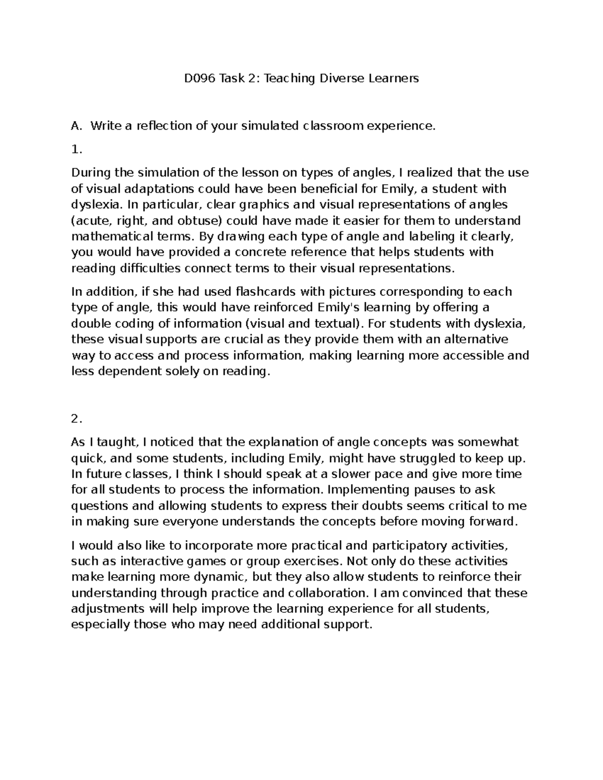 D096 Task 2 Teaching Diverse Learners - D096 Task 2: Teaching Diverse ...