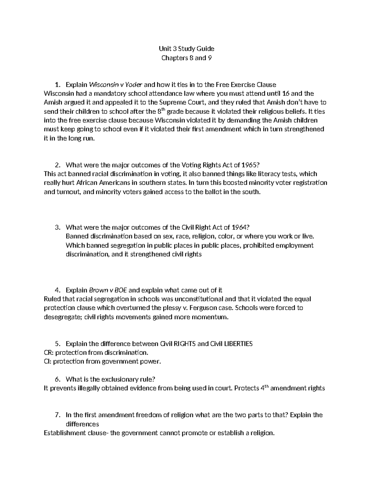 Civil Rights and Liberties Study Guide (Chapters 8-9) - Studocu
