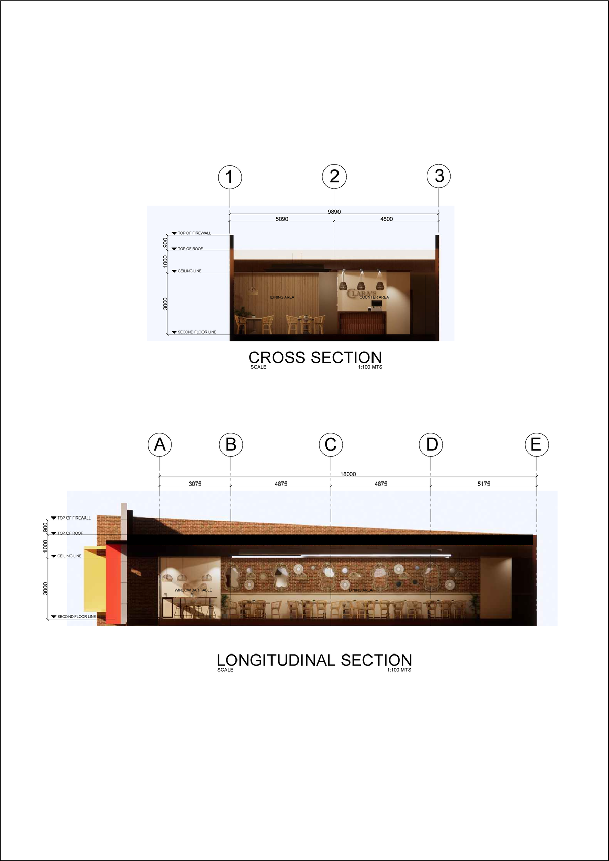 Restaurant Section - BS Architecture - LONGITUDINAL SECTION SCALE 1:100 ...