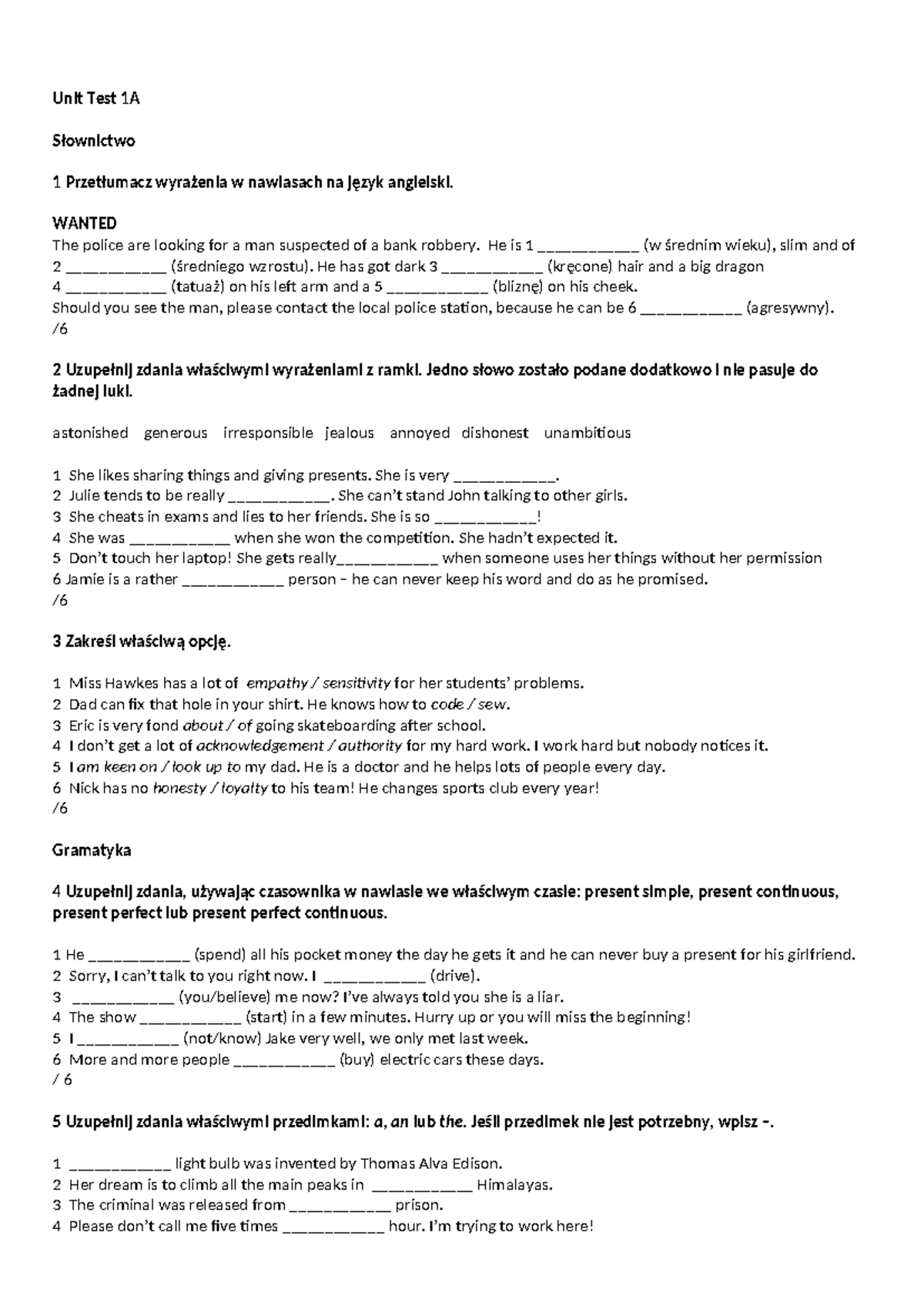 Unit Test 1A: Vocabulary and Grammar Exercises - Studocu