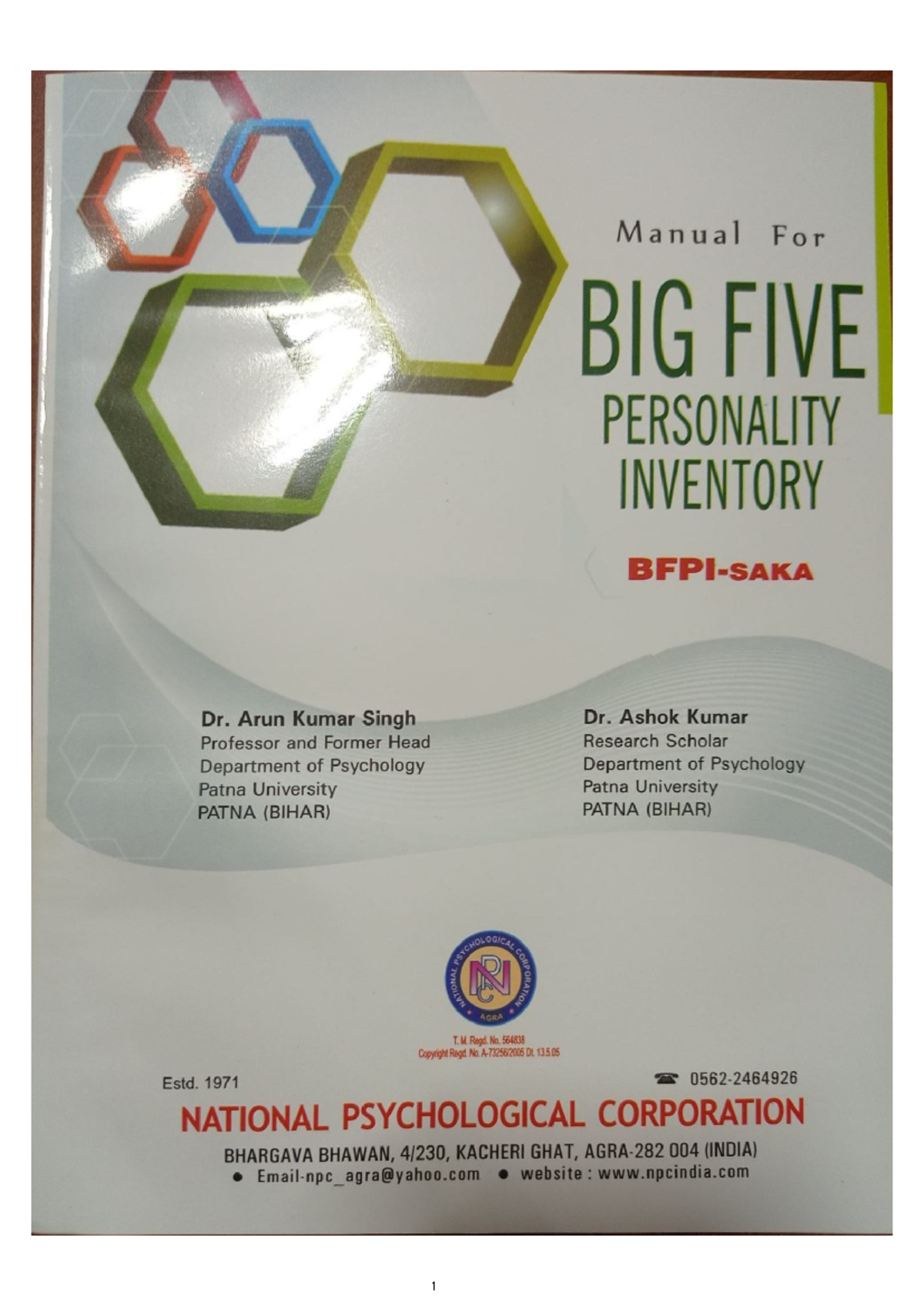 Manual for Big Five Personality Inventory (BFPI) - Psychology - Document Preview