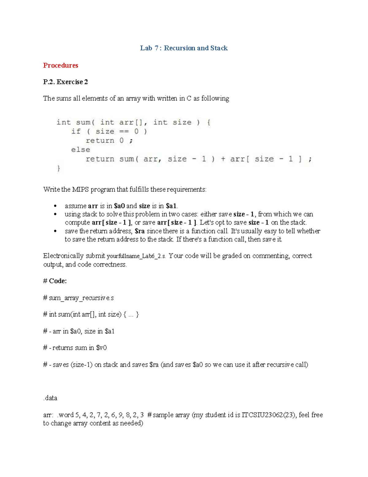 Lab 7: Recursion & Stack Procedures in C - Exercise 2 - Studocu