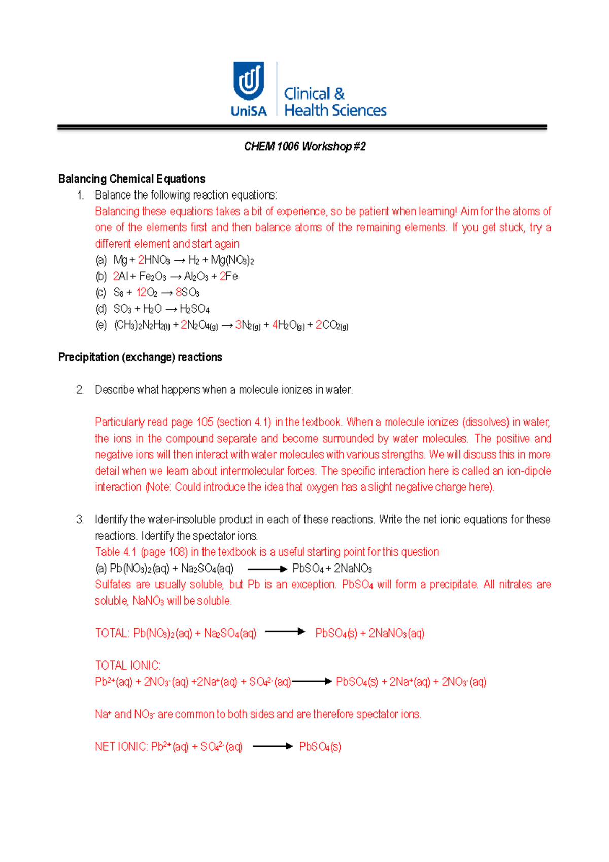 Workshop 2 2025 Answers - CHEM 1006 Workshop # 2 Balancing Chemical ...