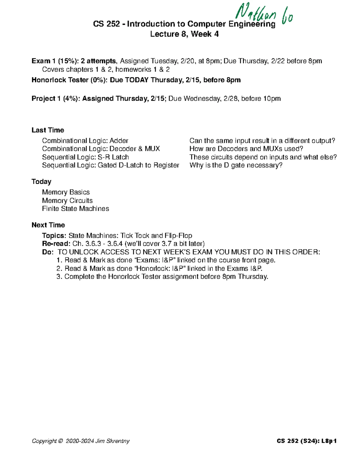 CS 252 - Lecture 7, Week 4 Notes on Combinational & Sequential Logic ...