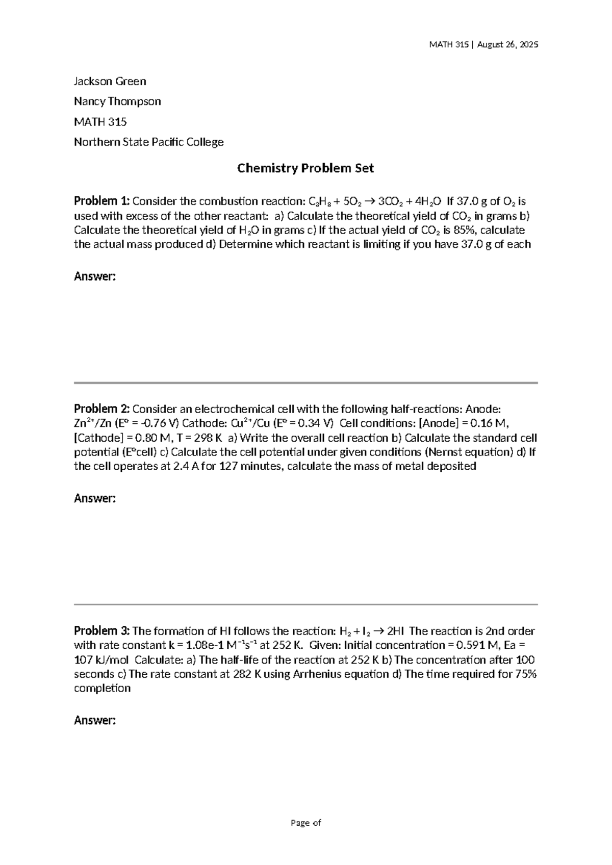 MATH 315 Chemistry Problem Set Solutions - August 2025 - Studocu