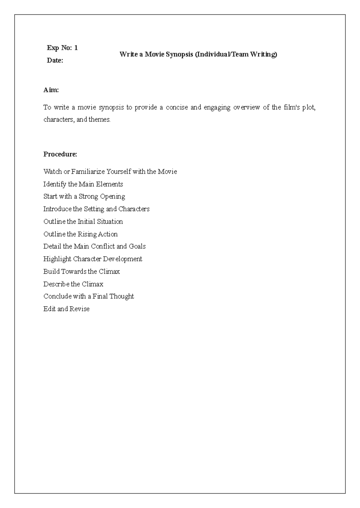 Exp No: 1 Movie Synopsis Writing Assignment Overview and Guidelines ...