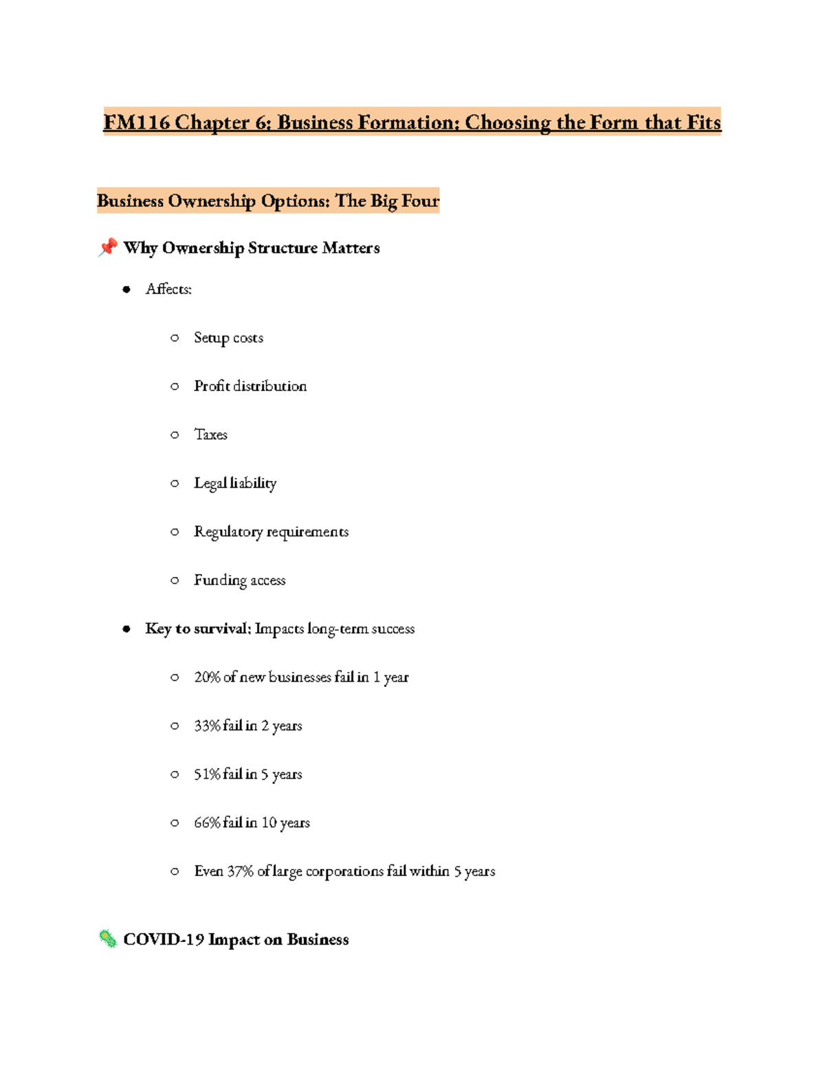 FM116 Final Exam Study Guide: Business Formation & Ownership Types ...