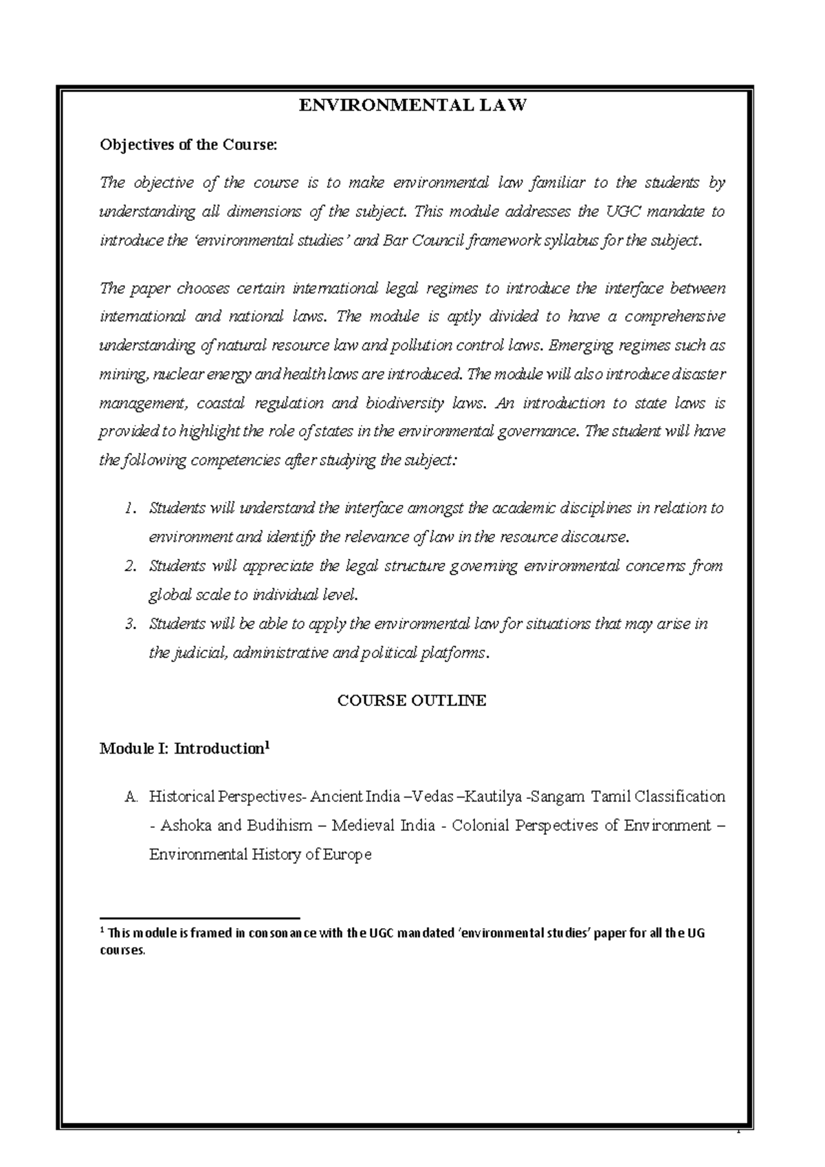 ENVIRONMENTAL LAW Syllabus Overview and Course Objectives - Studocu