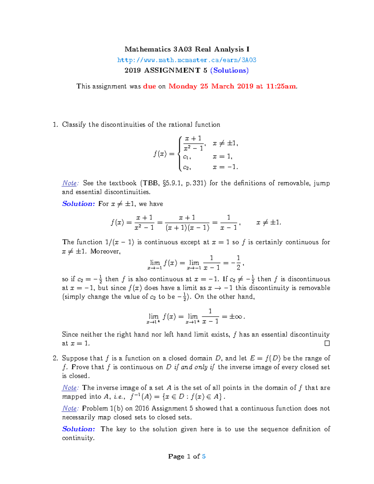 Mathematics 3A03 Real Analysis I 2019 Assignment 5 Solutions - Studocu