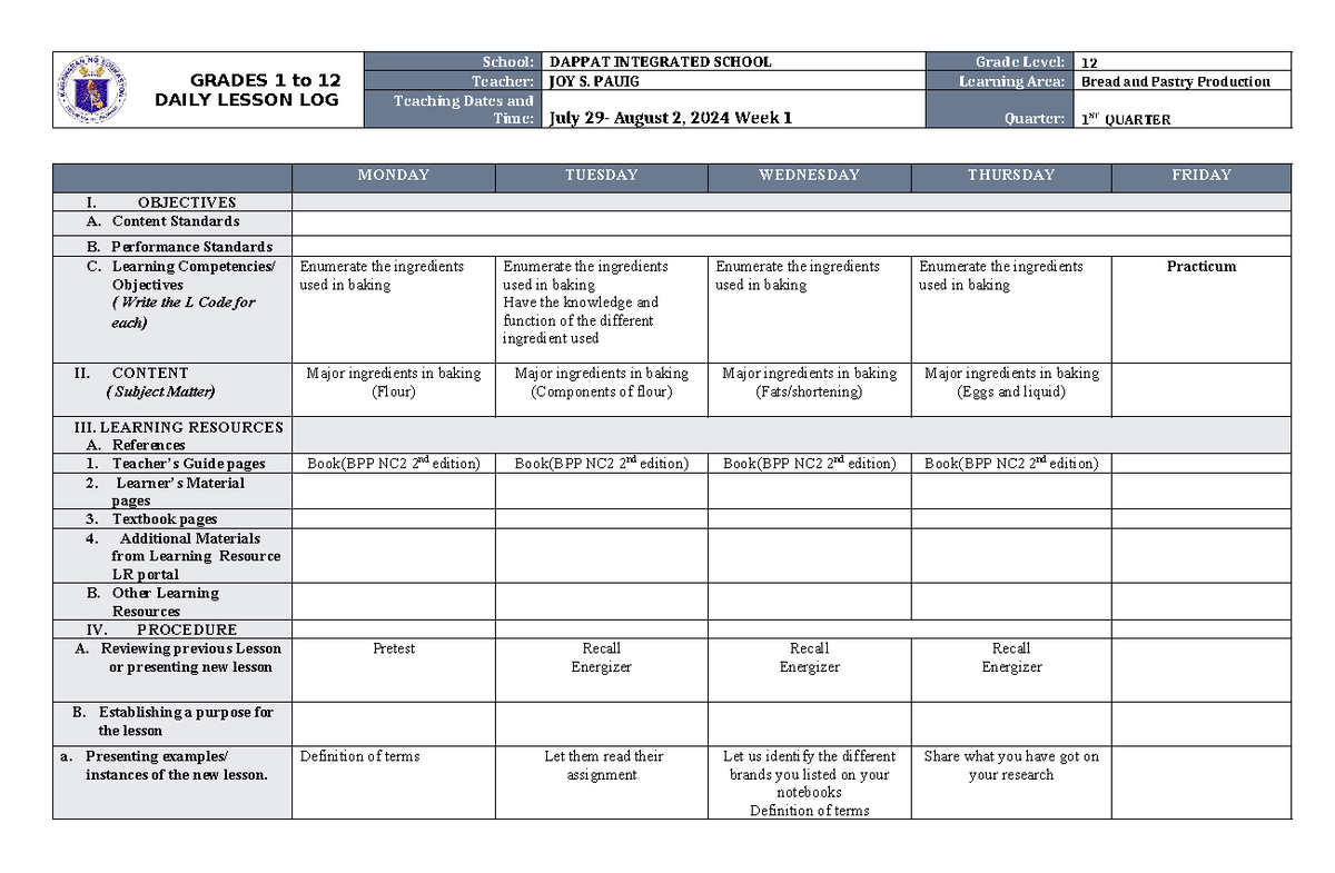 DLL BPP NC2 1st Qtr Week 1 Lesson Log: Bread & Pastry Production - Studocu