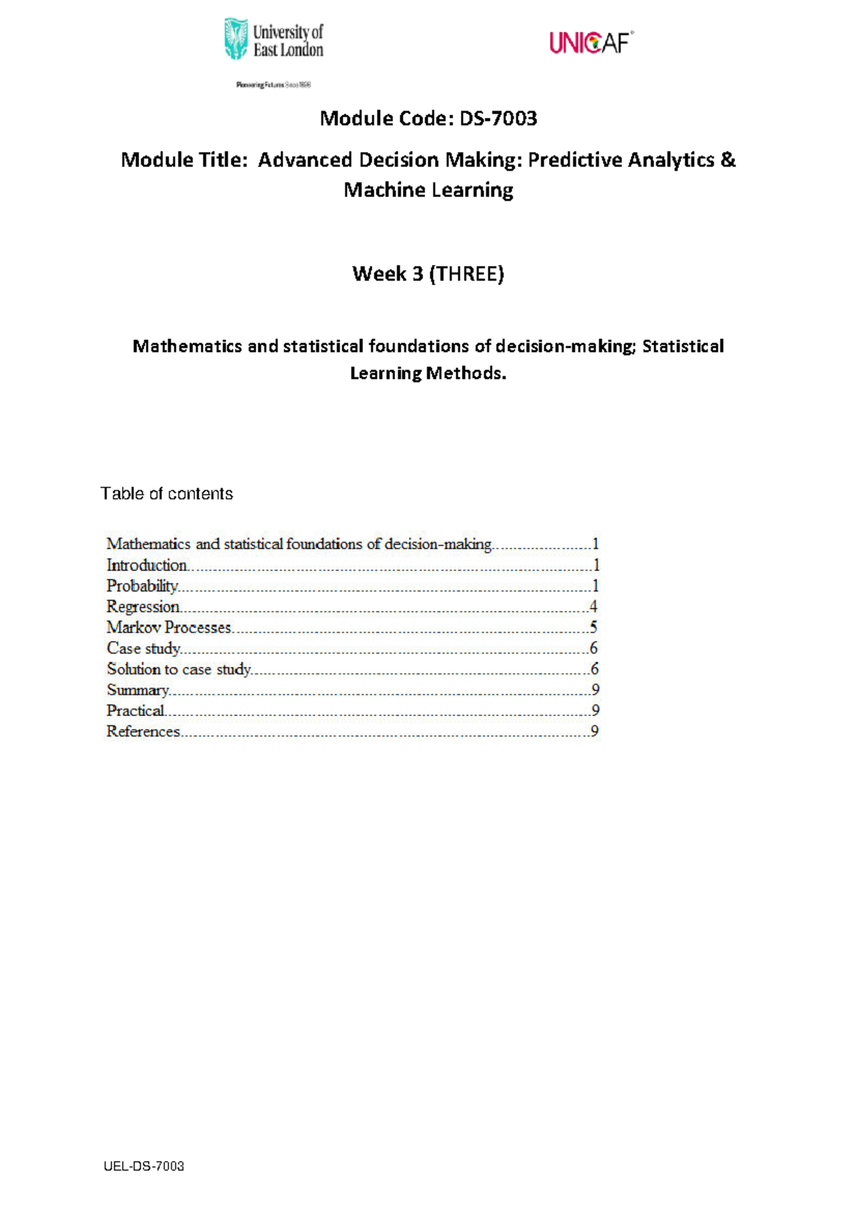 DS7003 Week 3 Lecture Notes on Statistical Learning & Decision-Making ...
