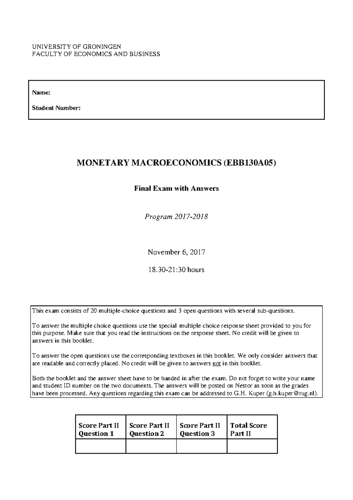 Monetary Macroeconomics (EBB130A05) Final Exam Solutions (Nov 6, 2017 ...