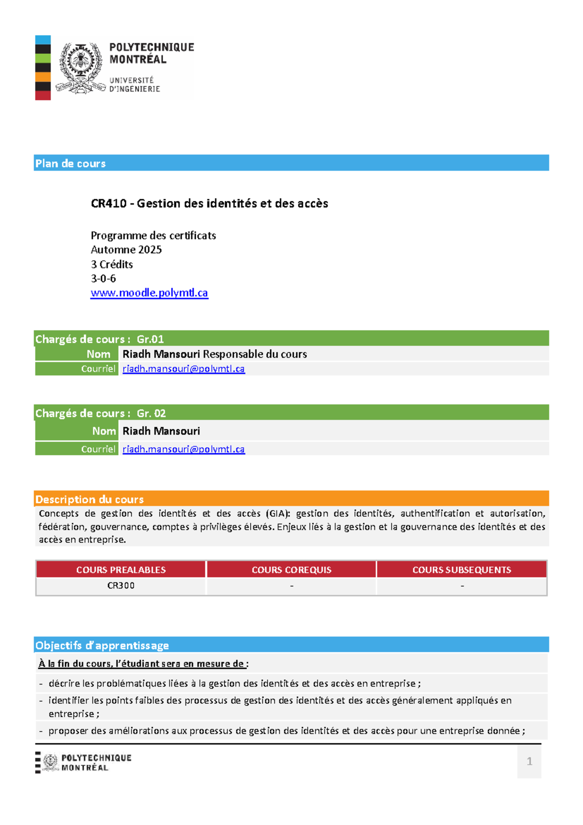 Plan de Cours CR410: Gestion des Identités et Accès - Automne 2025 ...