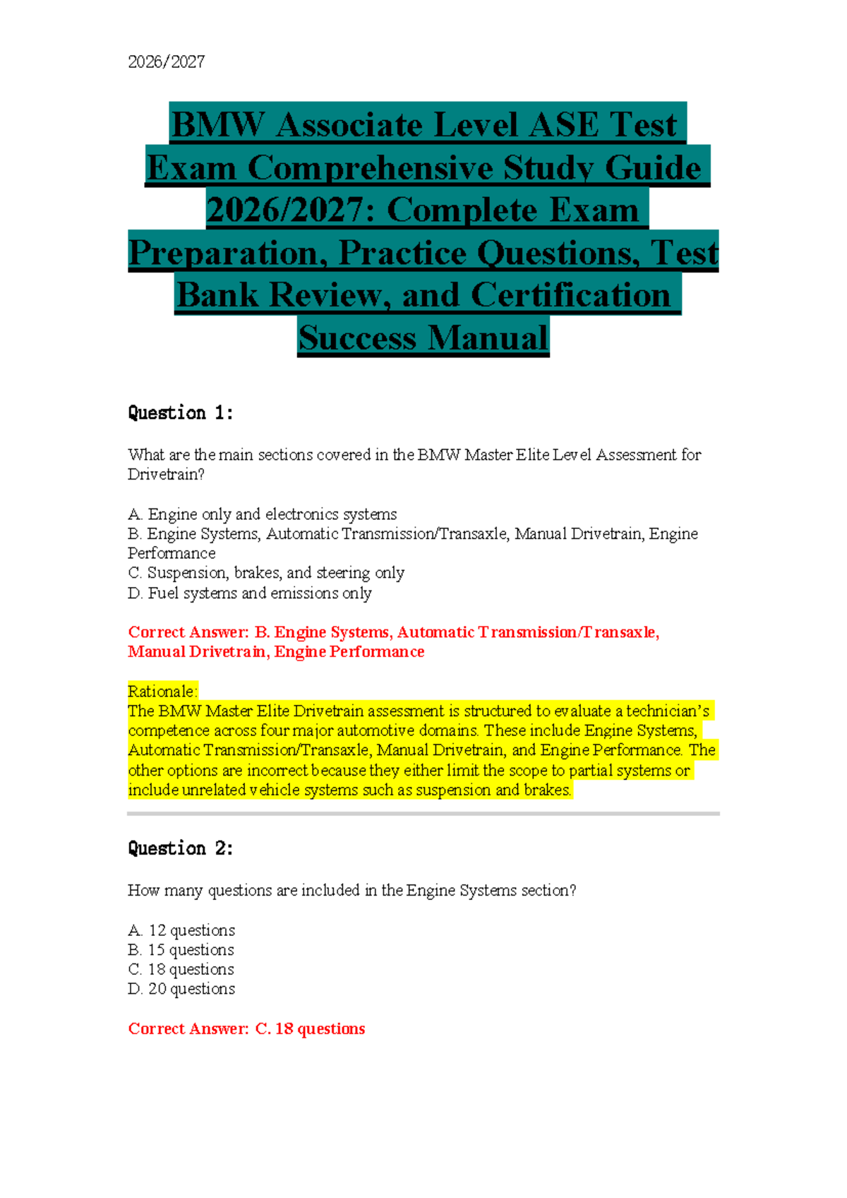 BMW Associate Level ASE Test Exam Study Guide & Practice Questions ...