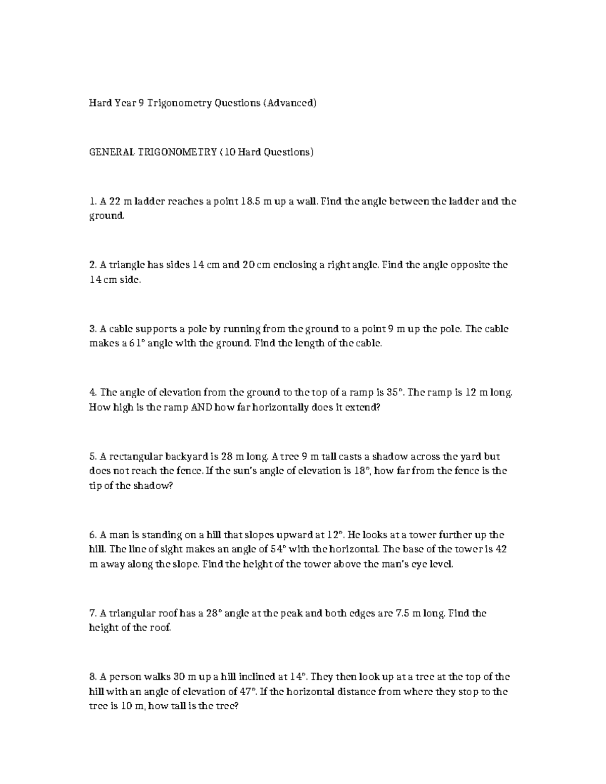 Year 9 General Trig: 10 Challenging Questions for Mastery - Studocu