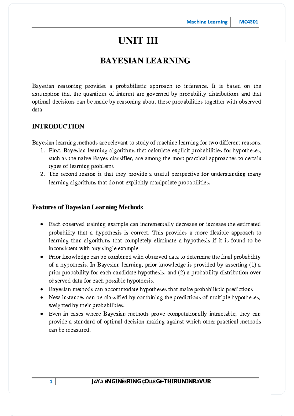 ML-Unit 3 - Notes - BAYESIAN LEARNING Bayesian reasoning provides a ...