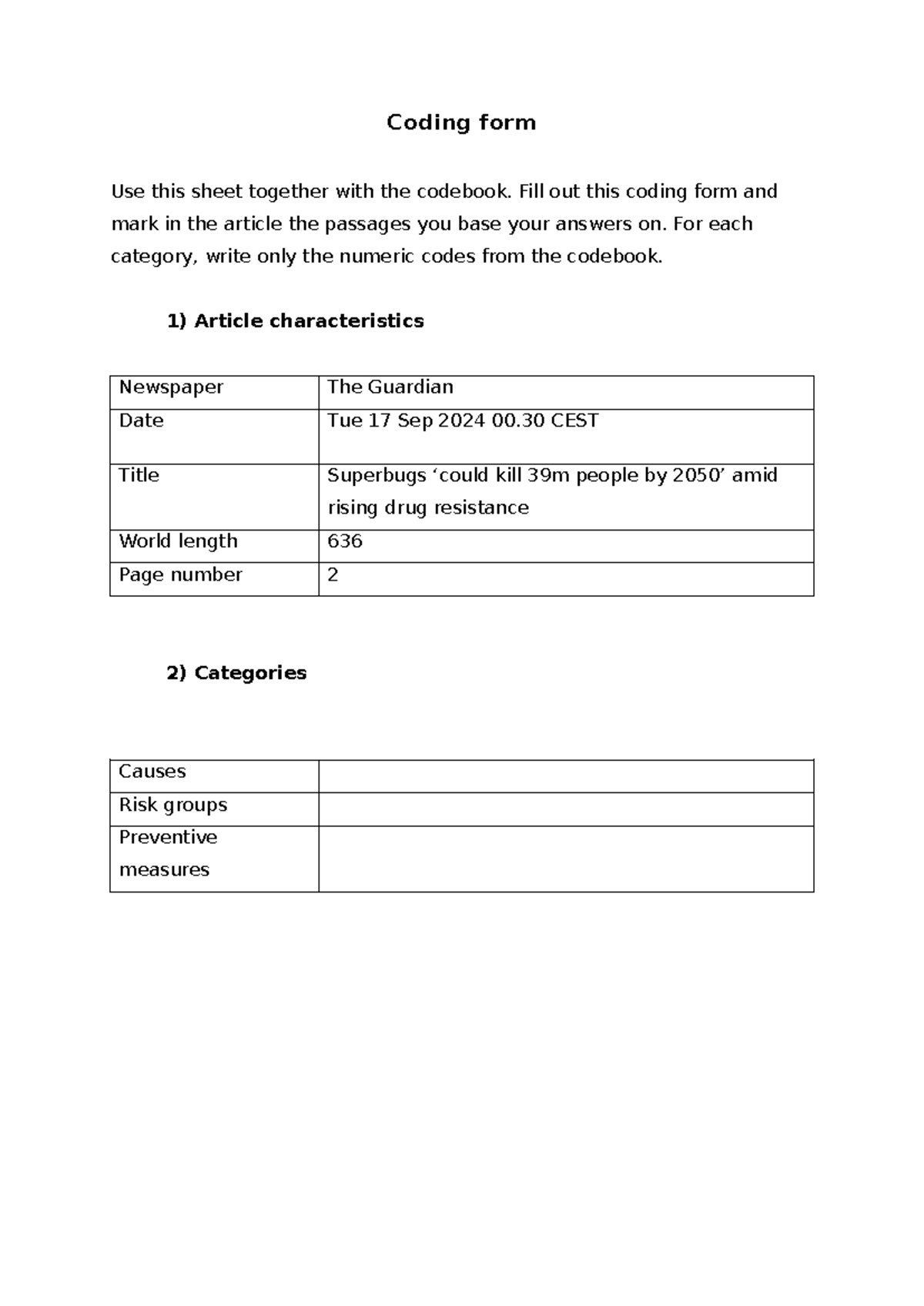 Coding form - Coding form Use this sheet together with the codebook ...