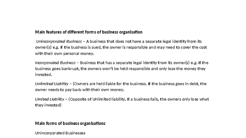 Summary of Business Organisation Types - Unit 4 - Studocu