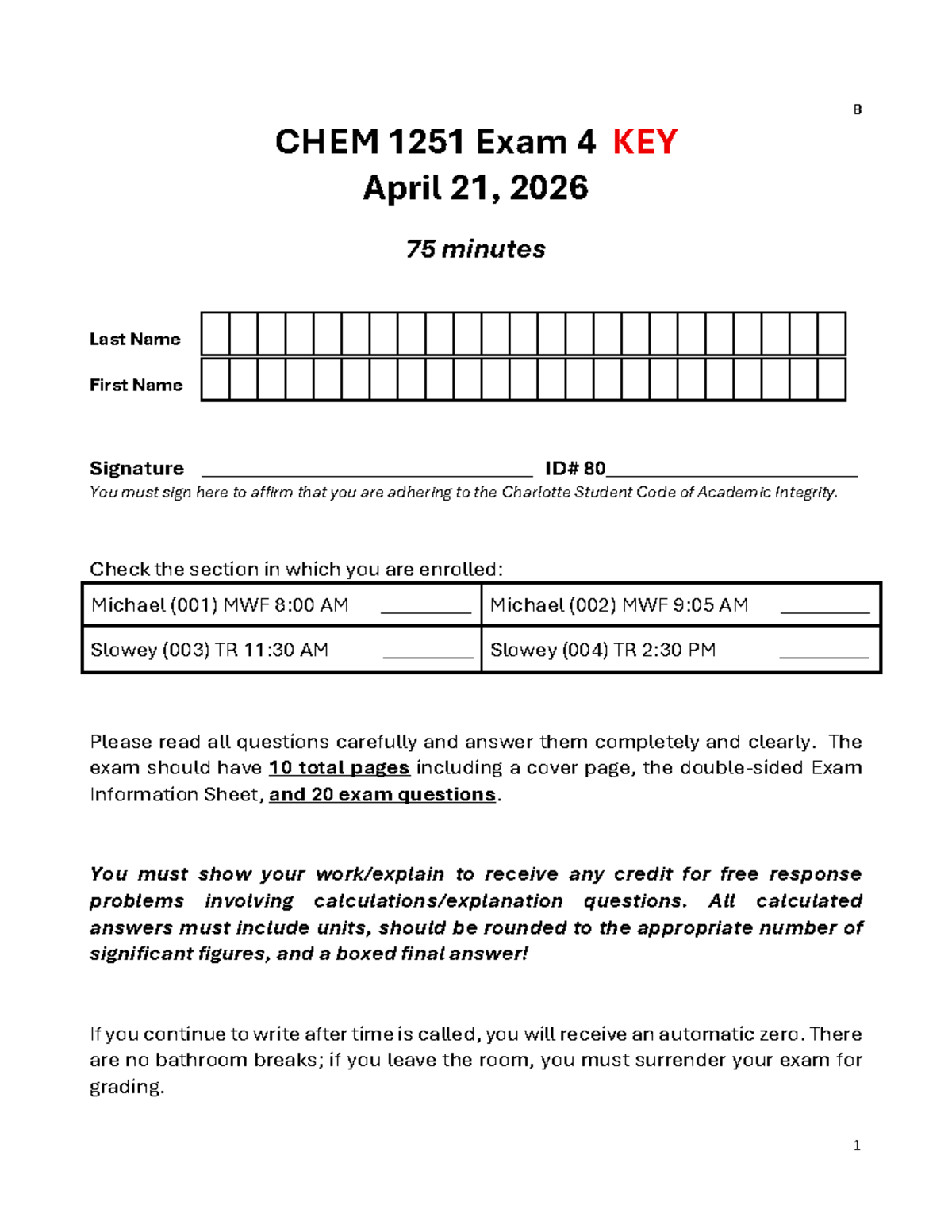 B CHEM 1251 Exam 4 KEY - April 21, 2026 (Version B) - Studocu