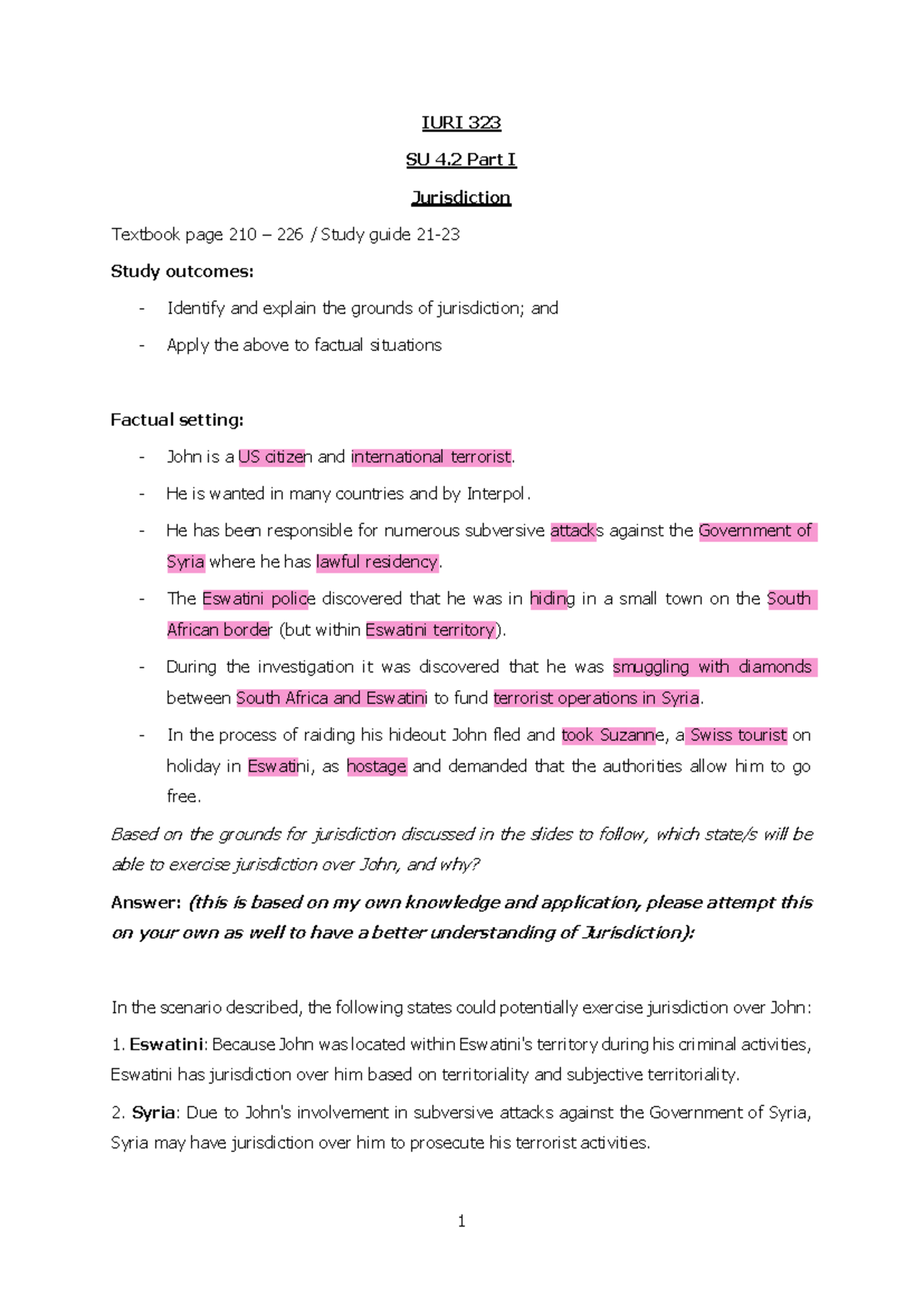 IURI 323 Study Unit 4.2 Part I: Jurisdiction Analysis and Case Study ...