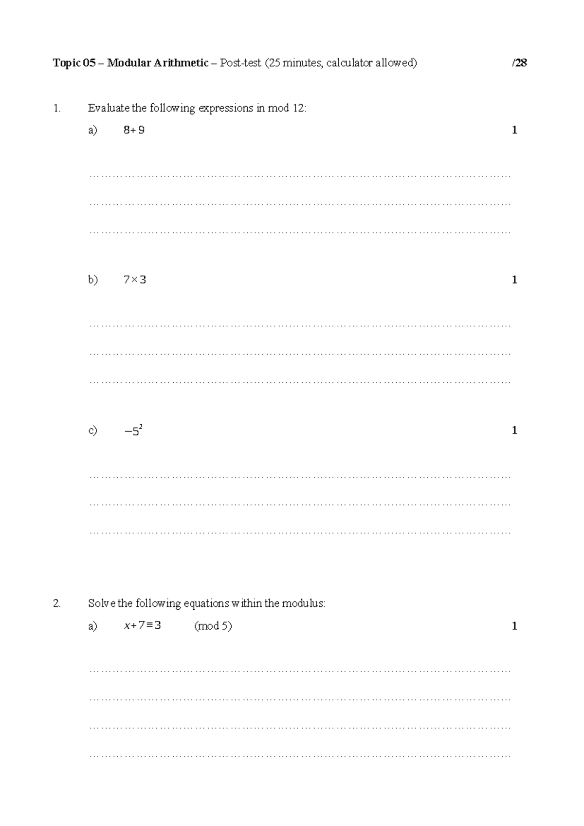 YR 08 - Topic 05 - Modular Arithmetic - Post-Test Review - Studocu