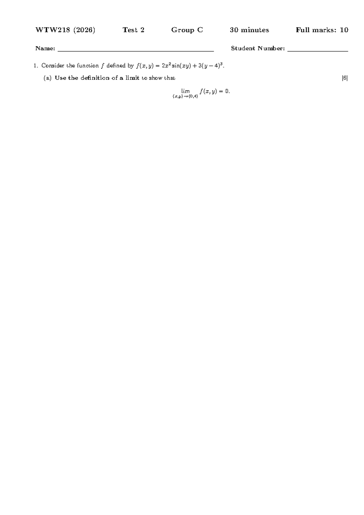 WTW218 2026 Tutorial Test 2C: Limit of Function f(x, y) - Studocu