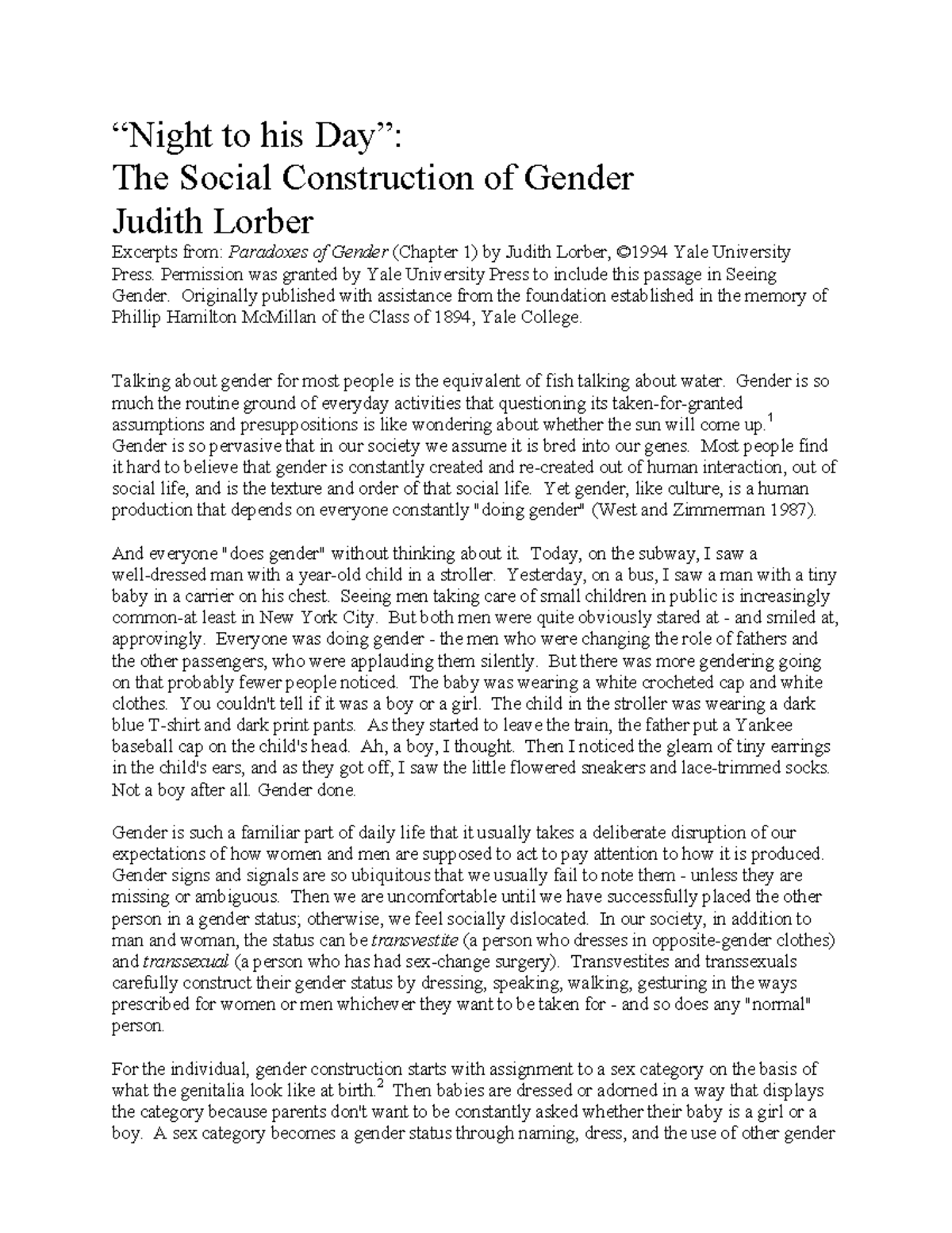 Judith Lorber; Night to His Day - Social Construction of Gender ...