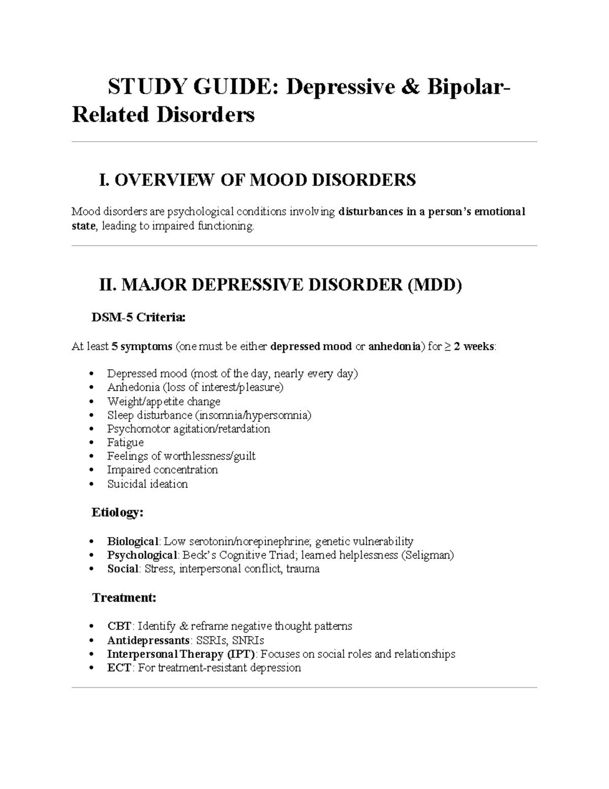 Study Guide: Mood Disorders & Bipolar Disorders (WEEK 4) - Studocu