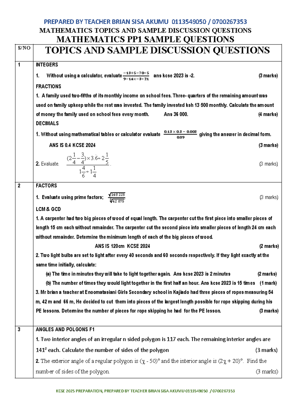 KCSE 2025 Mathematics Preparation: Topics & Sample Questions by Brian ...